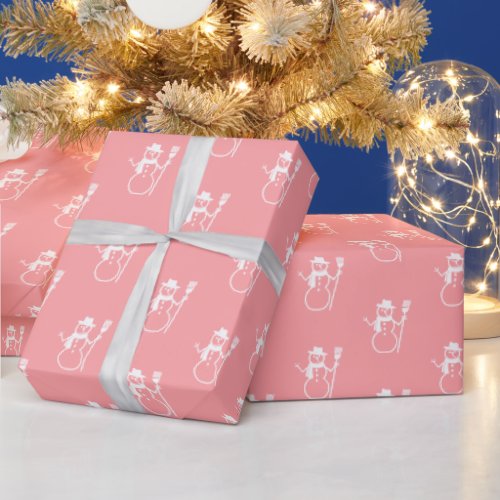 Cute Vintage Pink Snowman Drawing Wrapping Paper
