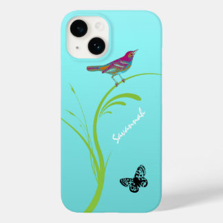 Cute Vintage Pink Swallow Bird Butterfly on Aqua Case-Mate iPhone 14 Case