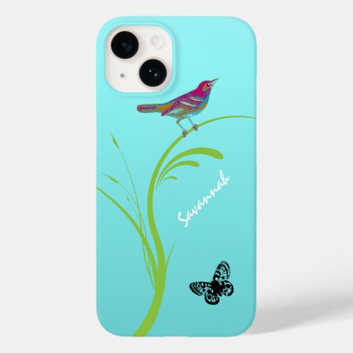 Cute Vintage Pink Swallow Bird Butterfly on Aqua Case_Mate iPhone 14 Case