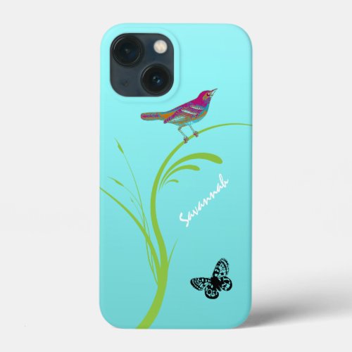 Cute Vintage Pink Swallow Bird Butterfly on Aqua iPhone 13 Mini Case