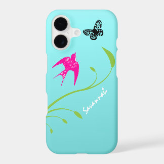 Cute Vintage Pink Swallow Bird Butterfly on Aqua iPhone 17 Case