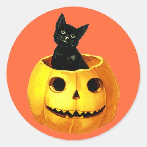 Cute Vintage Pumpkin  Black Cat for Halloween Fun Classic Round Sticker