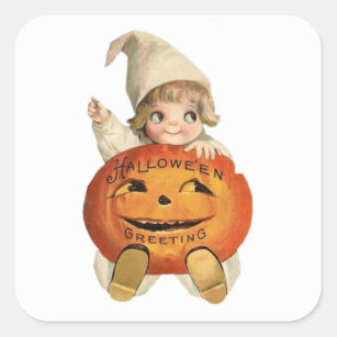 Cute Vintage Pumpkin Halloween Greetings Baby Square Sticker