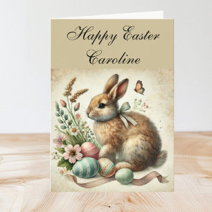 Cute Vintage Rabbit Bunny Hare Easter Floral Letterpress Thank You Card