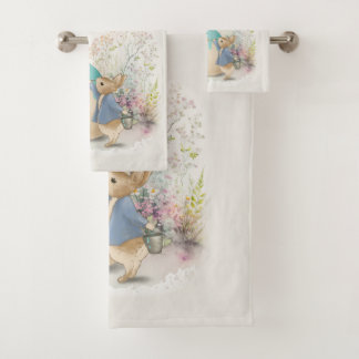 Cute vintage rabbit in a meadow with flowers bath towel set