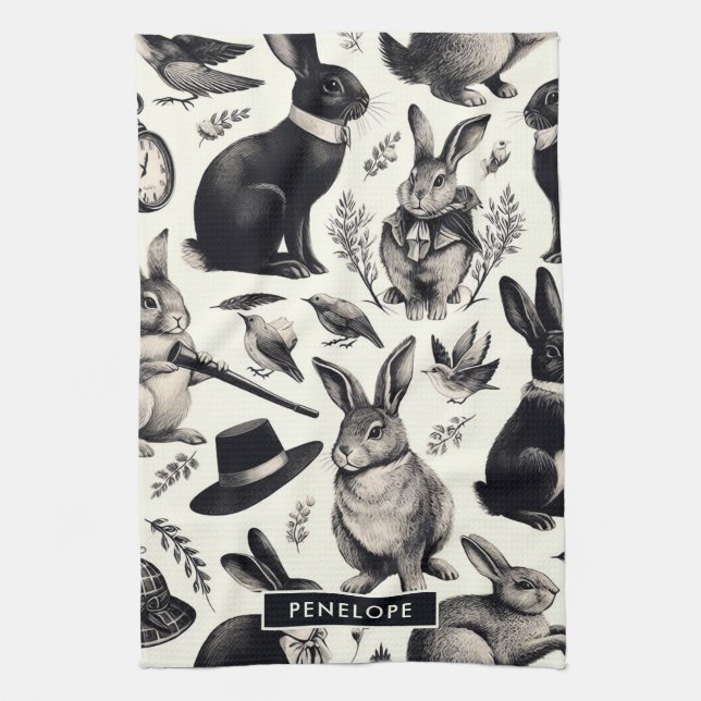 Cute Vintage Rabbit Pattern Kitchen Towel (Vertical)