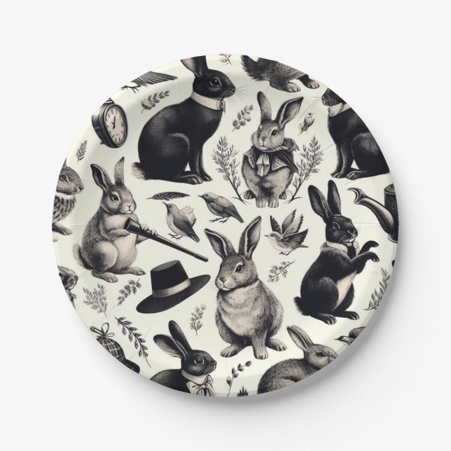 Cute Vintage Rabbit Pattern Paper Plates (Front)