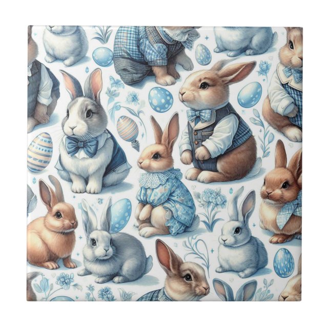 Cute Vintage Rabbit Seamless Ceramic Tile (Front)