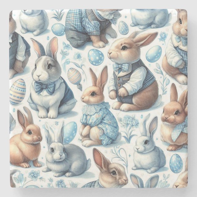 Cute Vintage Rabbit Seamless Stone Coaster (Front)