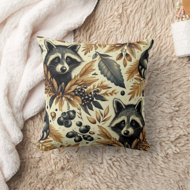 Cute Vintage Racoon Pattern Throw Pillow (Blanket)
