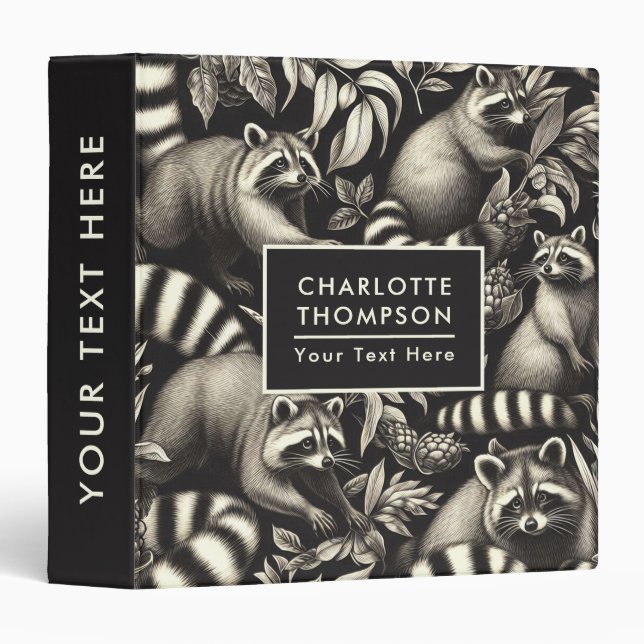 Cute Vintage Racoon Seamless 3 Ring Binder (Front/Spine)