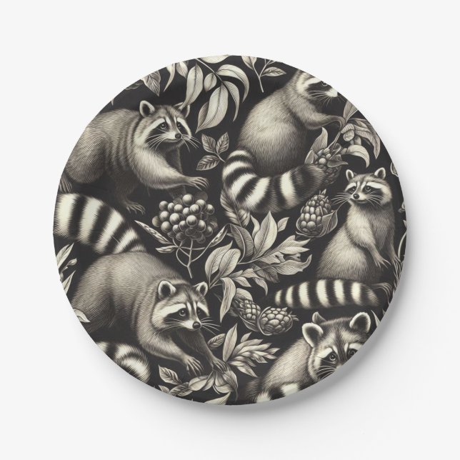Cute Vintage Racoon Seamless Paper Plates (Front)