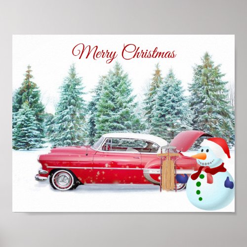 Cute Vintage Red Car Snowman Christmas Poster