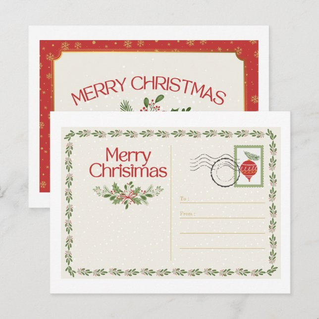 Cute Vintage Red & Green Merry Christmas Postcard (Front/Back)