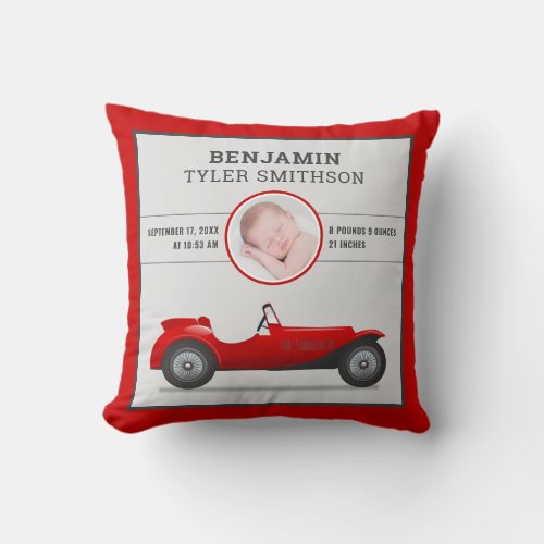 Cute Vintage Red Race Car Baby Photo Birth Stats Throw Pillow