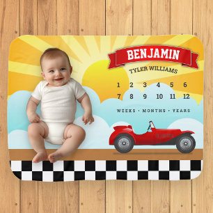 Cute Vintage Red Race Car Monthly Milestone Baby Blanket