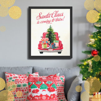 Cute Vintage Red Santa Truck with Tree & Gifts Framed Art