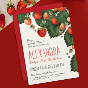 Cute Vintage Red Strawberry Fruits First Botanical Invitation