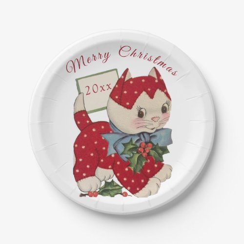 Cute Vintage Red Toy Cat Blue Bow Holly   Paper Plates