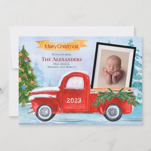 Cute Vintage Red Truck Baby Photo Christmas  Holiday Card
