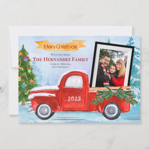 Cute Vintage Red Truck Family 2 Photo Christmas  Holiday Card