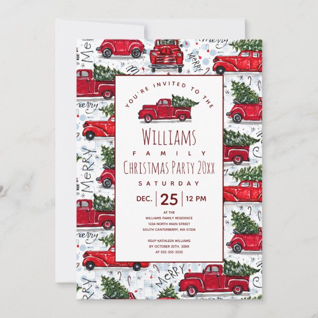 Cute Vintage Red Trucks Christmas Invitation (Front)