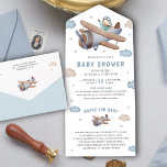 Cute Vintage Retro Blue Airplane Pilot Baby Shower All In One Invitation<br><div class="desc">Amaze your guests with this elegant baby shower invite featuring a cute pilot flying an airplane among clouds with detachable book request card. Simply add your event details on this easy-to-use template to make it a one-of-a-kind invitation.</div>