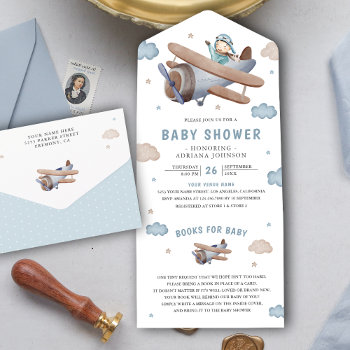 Cute Vintage Retro Blue Airplane Pilot Baby Shower All In One Invitation by ShabzDesigns at Zazzle