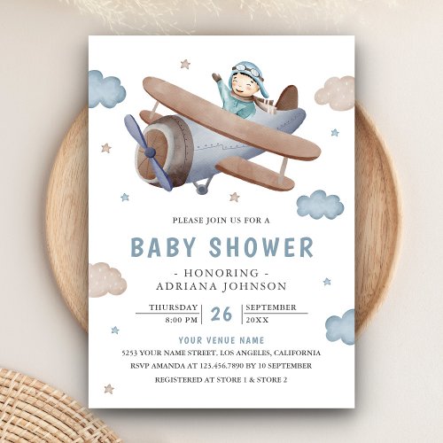 Cute Vintage Retro Blue Airplane Pilot Baby Shower Invitation
