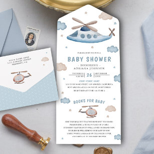 Cute Vintage Retro Blue Helicopter Baby Shower All In One Invitation