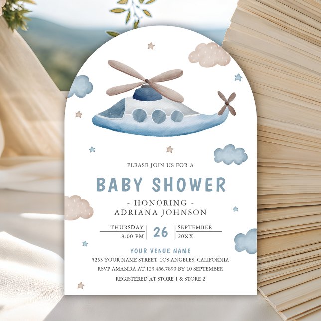 Cute Vintage Retro Blue Helicopter Baby Shower Invitation (Creator Uploaded)
