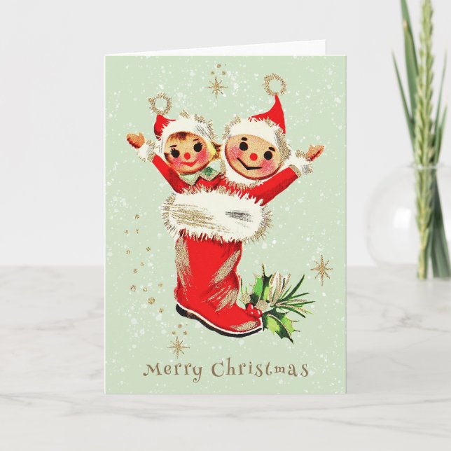 Cute Vintage Retro Christmas Elves Sage Green  Card (Front)