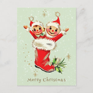 Cute Vintage Retro Christmas Elves Sage Green Holiday Postcard