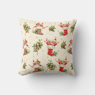 Cute Vintage Retro Christmas Red Green Elves  Throw Pillow