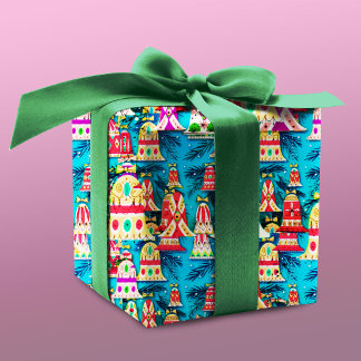 Cute vintage retro colorful bells Christmas blue Wrapping Paper
