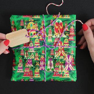 Cute vintage retro colorful bells Christmas green Wrapping Paper
