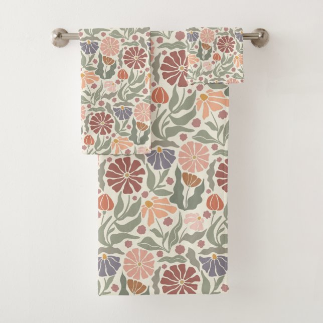 Cute Vintage Retro Flowers Bath Towel Set (Insitu)