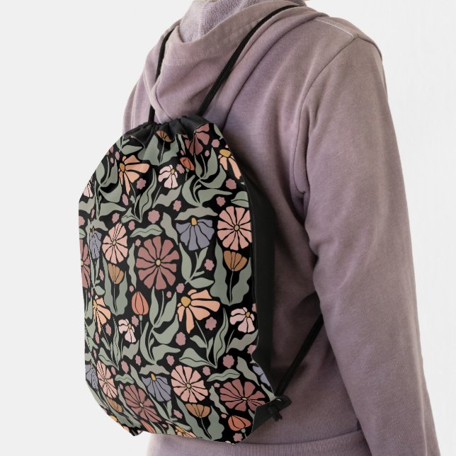 Cute Vintage Retro Flowers Drawstring Backpack (Insitu)