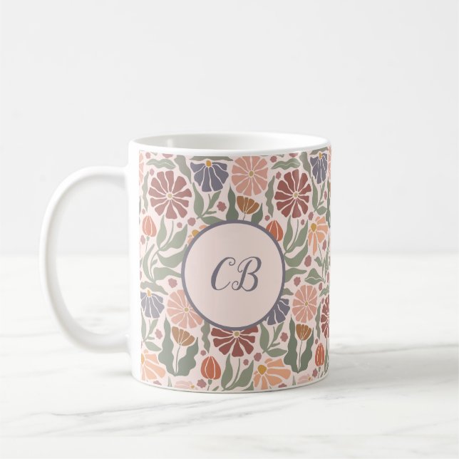 Cute Vintage Retro Flowers Monogram Coffee Mug (Left)