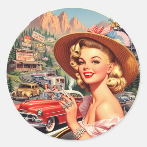 Cute Vintage Retro Girl Painting Classic Round Sticker