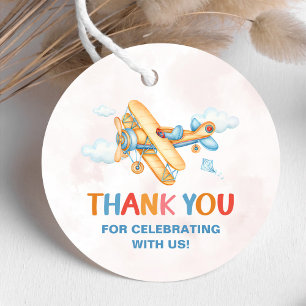 Cute Vintage Retro Yellow Airplane 1st Birthday Favor Tags