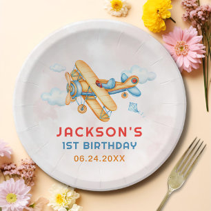 Cute Vintage Retro Yellow Airplane 1st Birthday Paper Plates