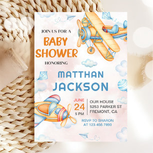 Cute Vintage Retro Yellow Airplane Baby Shower Invitation