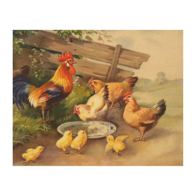 cute vintage rooster chickens kitchen wood wall art (Front)
