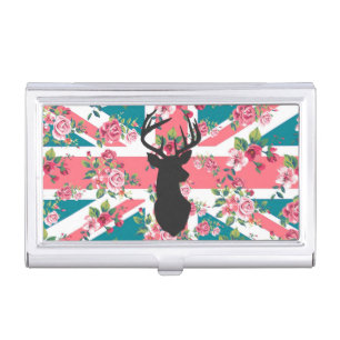 Cute vintage roses U.K. Union Jack Flag deer head Business Card Case