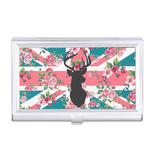 Cute vintage roses UK Union Jack Flag deer head Business Card Case