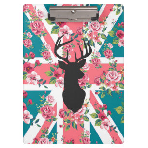 Cute vintage roses U.K. Union Jack Flag deer head Clipboard