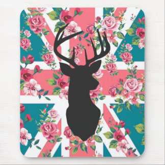 Cute vintage roses U.K. Union Jack Flag deer head Mouse Pad