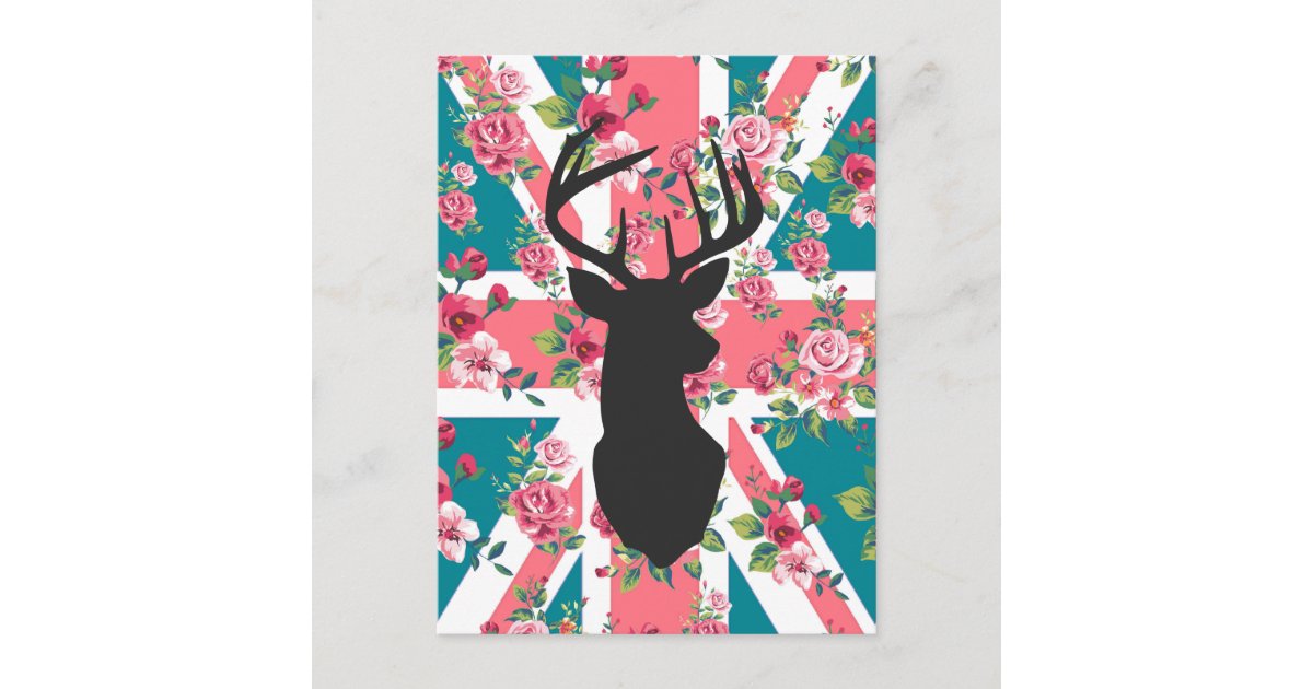 Union Jack Roses Cute vintage roses U.K. Union Jack Flag deer head Postcard | Zazzle