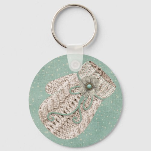 Cute vintage rustic winter knit mitten gray blue keychain